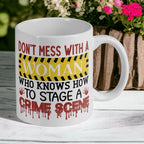 Reverse side of the "Crime Scene Quote" ceramic mug, showcasing the wrap-around artwork by Laser Design Creations.