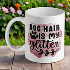 'Dog Hair Is My Glitter' ceramic mug by Laser Design Creations, featuring a sassy quote and paw print on a pink marble background.