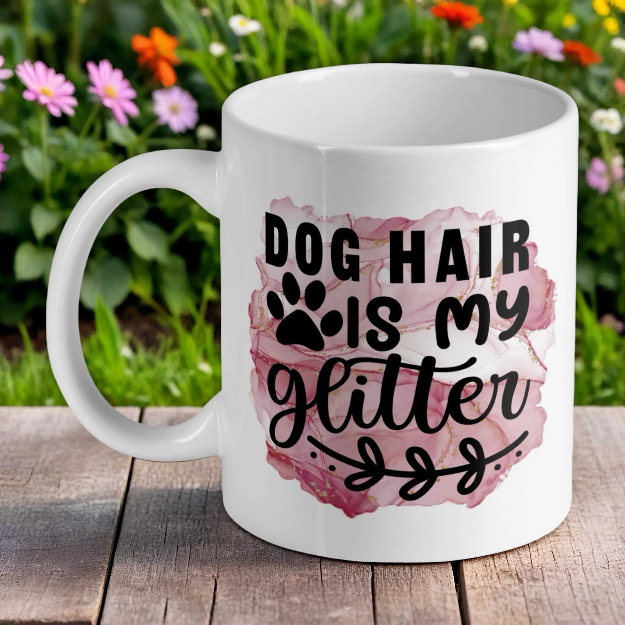 'Dog Hair Is My Glitter' ceramic mug by Laser Design Creations, featuring a sassy quote and paw print on a pink marble background.