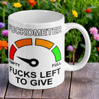 Reverse side of the sarcastic F*ckometer quote ceramic mug, showcasing the wrap-around artwork by Laser Design Creations.