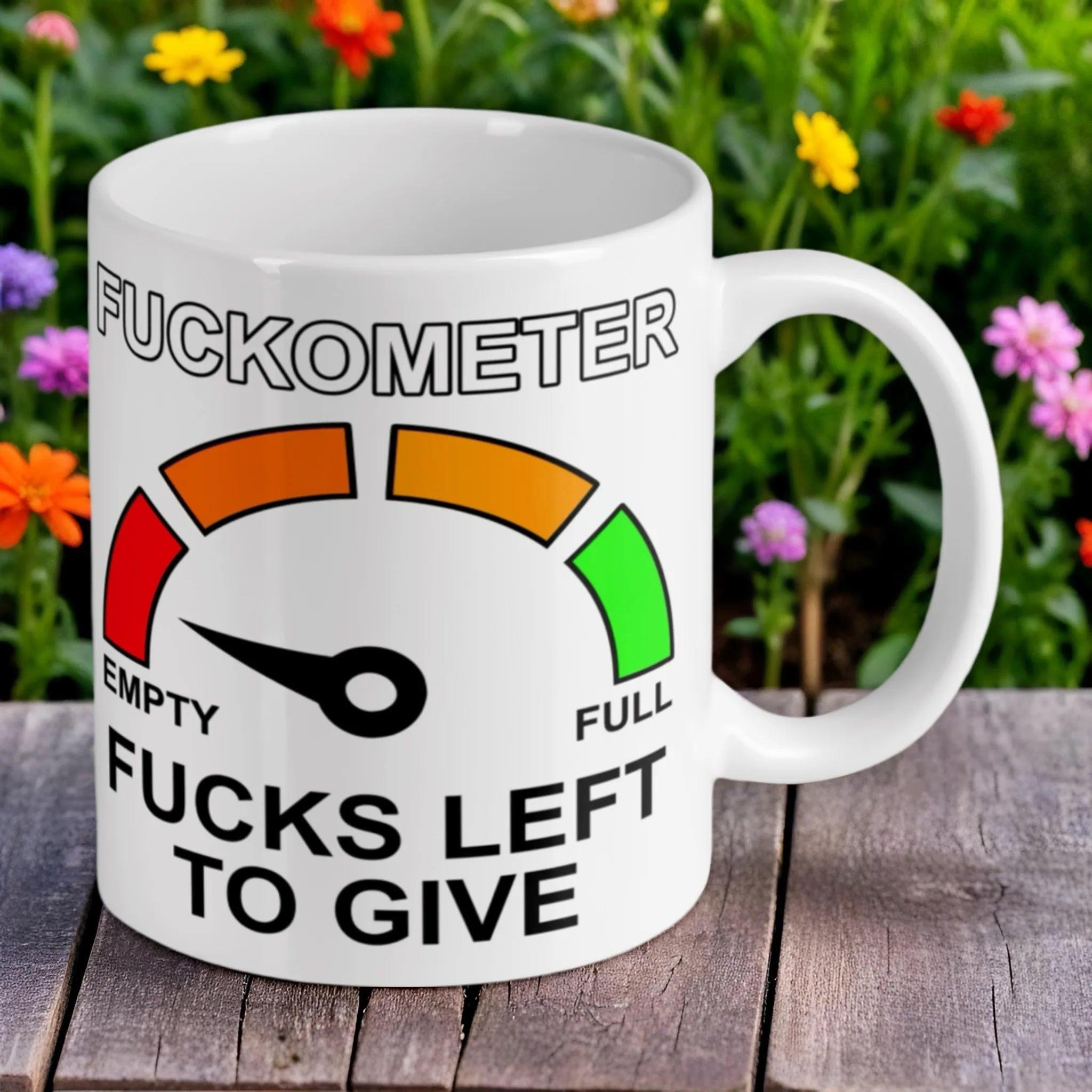 Reverse side of the sarcastic F*ckometer quote ceramic mug, showcasing the wrap-around artwork by Laser Design Creations.