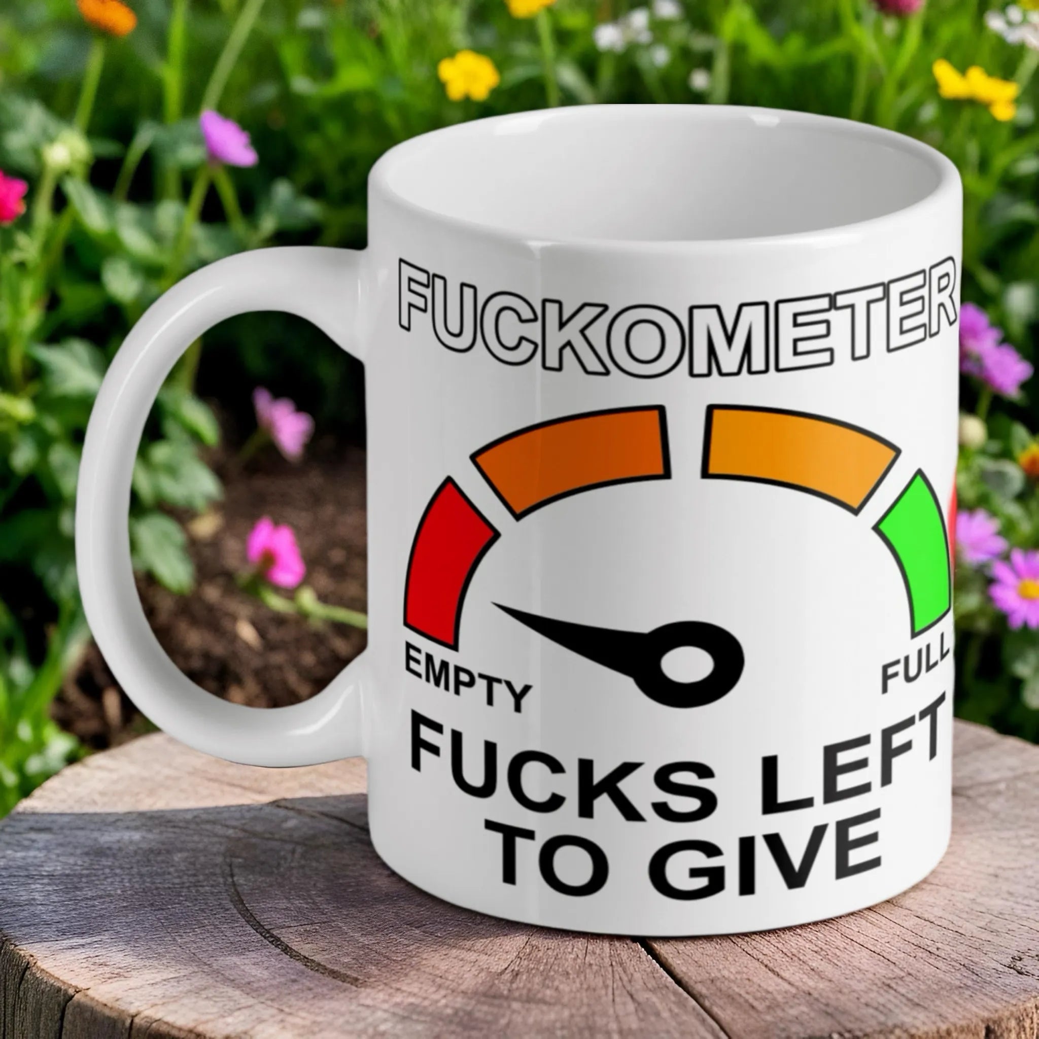 "'Fckometer - Fcks Left To Give'" ceramic mug by Laser Design Creations, featuring a funny gauge pointing to empty.