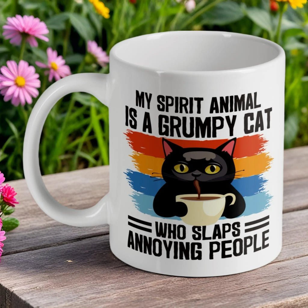 Grumpy Cat Spirit Animal ceramic mug by Laser Design Creations, featuring a funny sarcastic quote and retro background.