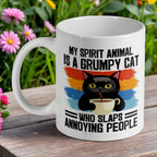 Grumpy Cat Spirit Animal ceramic mug by Laser Design Creations, featuring a funny sarcastic quote and retro background.