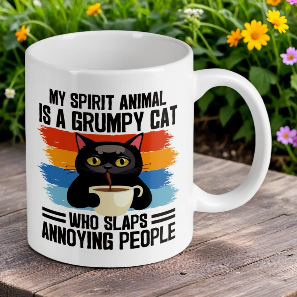 Reverse side of Grumpy Cat Spirit Animal ceramic mug, showcasing the wrap-around artwork by Laser Design Creations.