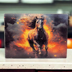 A powerful stallion made of fire and embers gallops dramatically on a chopping board from Laser Design Creations