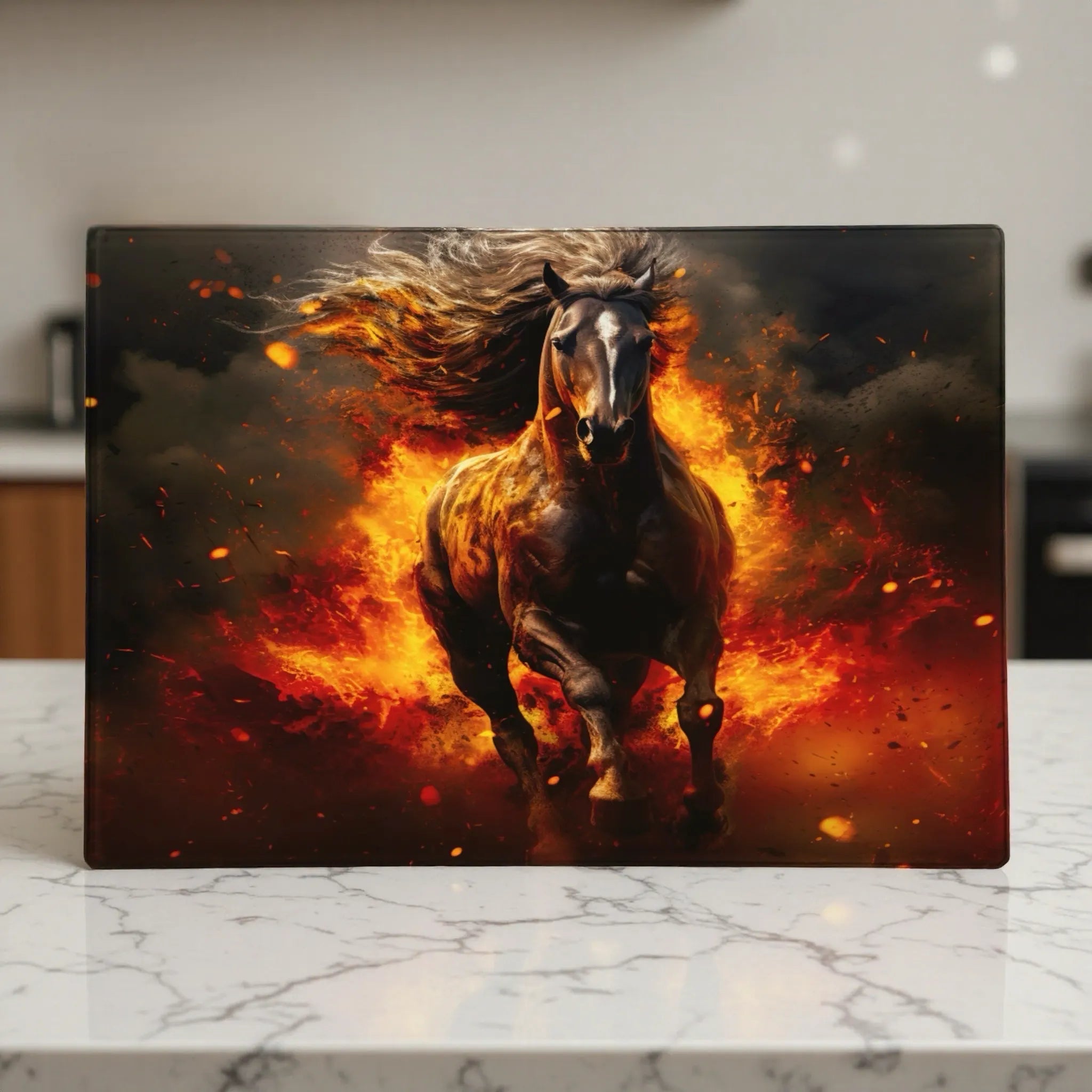 A powerful stallion made of fire and embers gallops dramatically on a chopping board from Laser Design Creations
