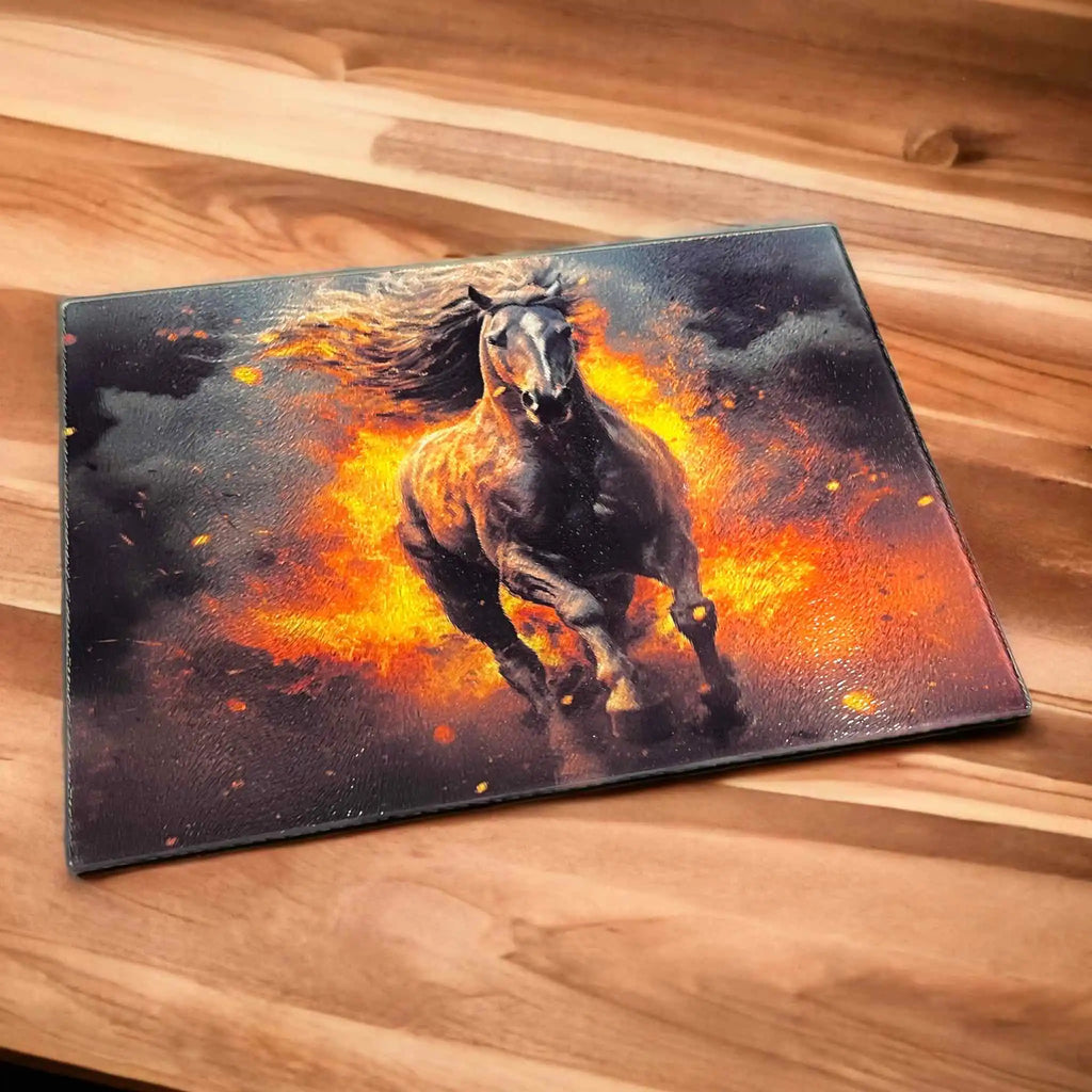 Galloping Fire Stallion chopping board by Laser Design Creations, featuring a powerful horse made of flames in a dramatic digital art style.