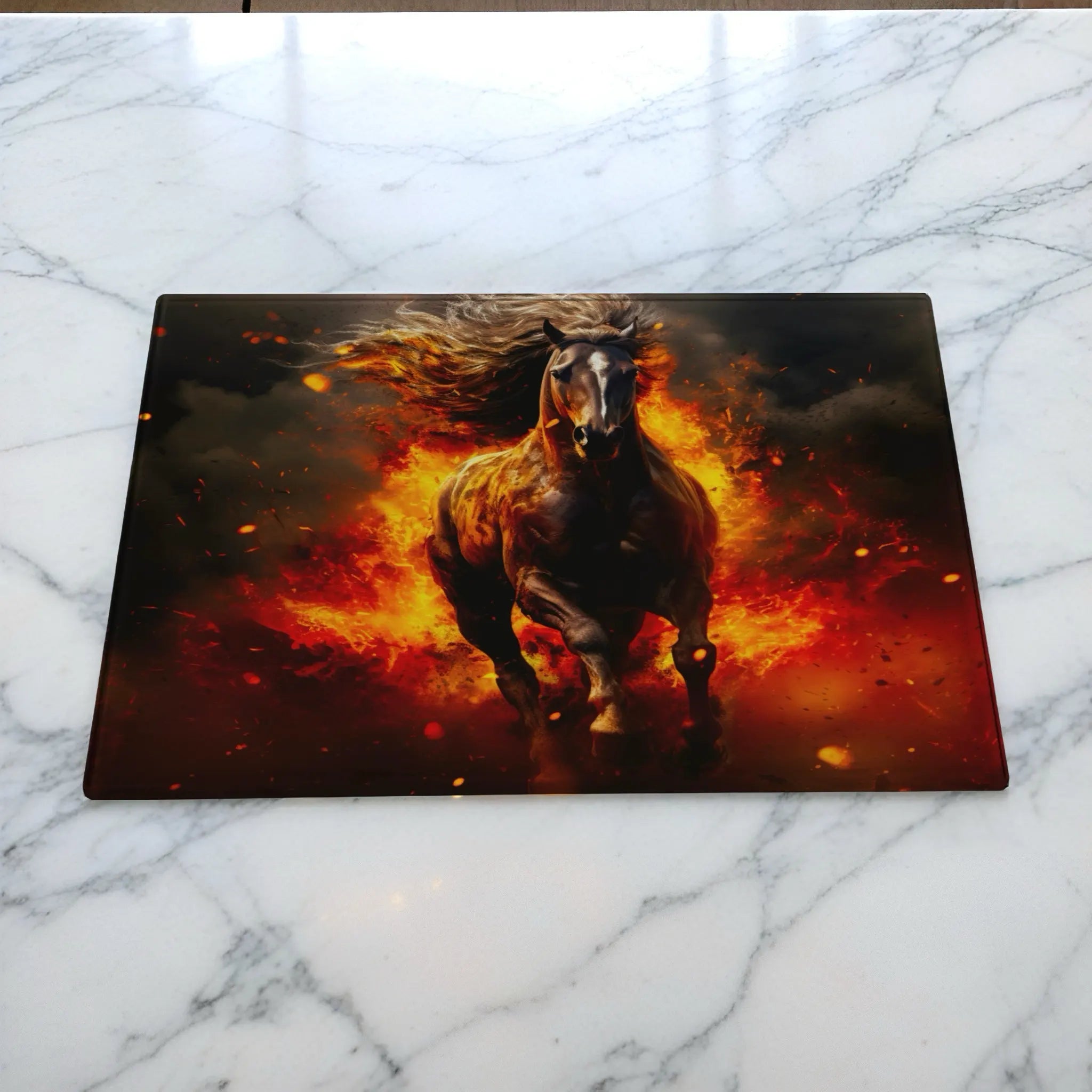 Galloping Fire Stallion chopping board by Laser Design Creations, featuring a powerful horse made of flames in a dramatic digital art style.