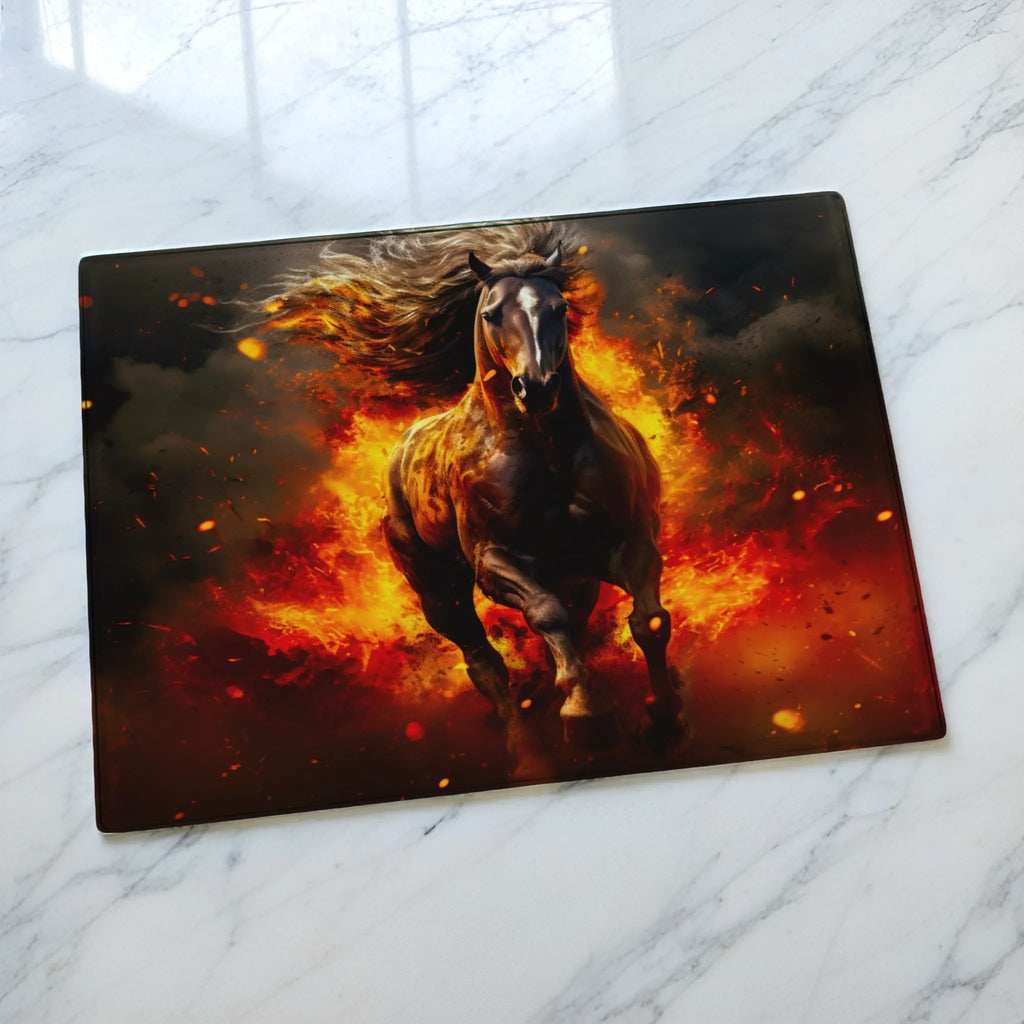 Galloping Fire Stallion chopping board by Laser Design Creations, featuring a powerful horse made of flames in a dramatic digital art style. Displayed on a marble countertop.