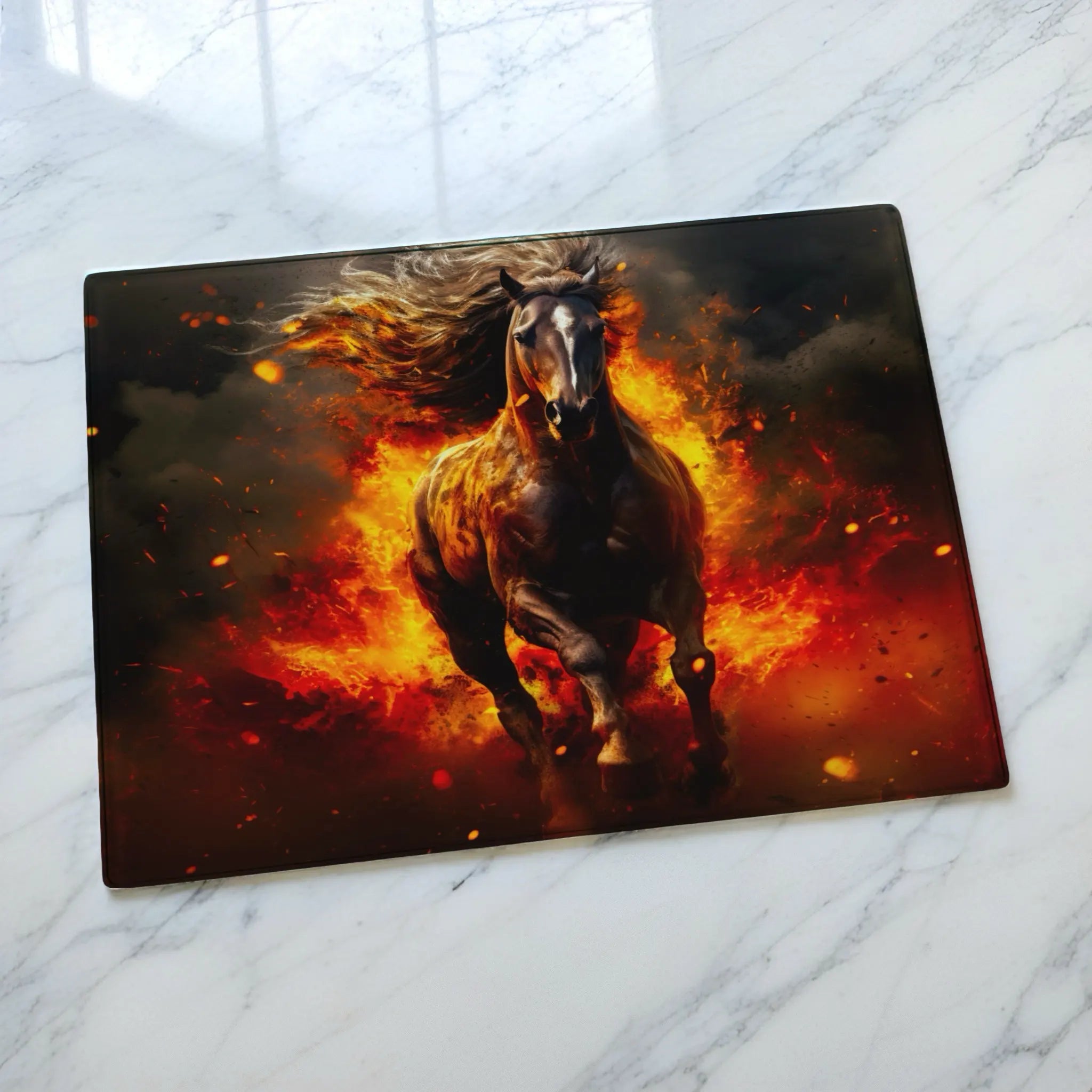 Galloping Fire Stallion chopping board by Laser Design Creations, featuring a powerful horse made of flames in a dramatic digital art style. Displayed on a marble countertop.
