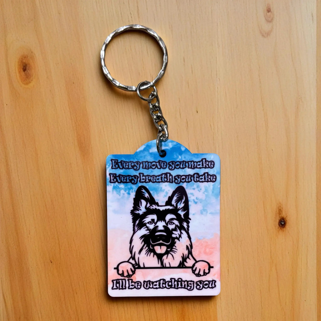 Every Breath You Take German Shepherd keyring by Laser Design Creations, featuring a funny watercolour dog illustration and the quote Every move you make Every breath you take I'll be watching you.