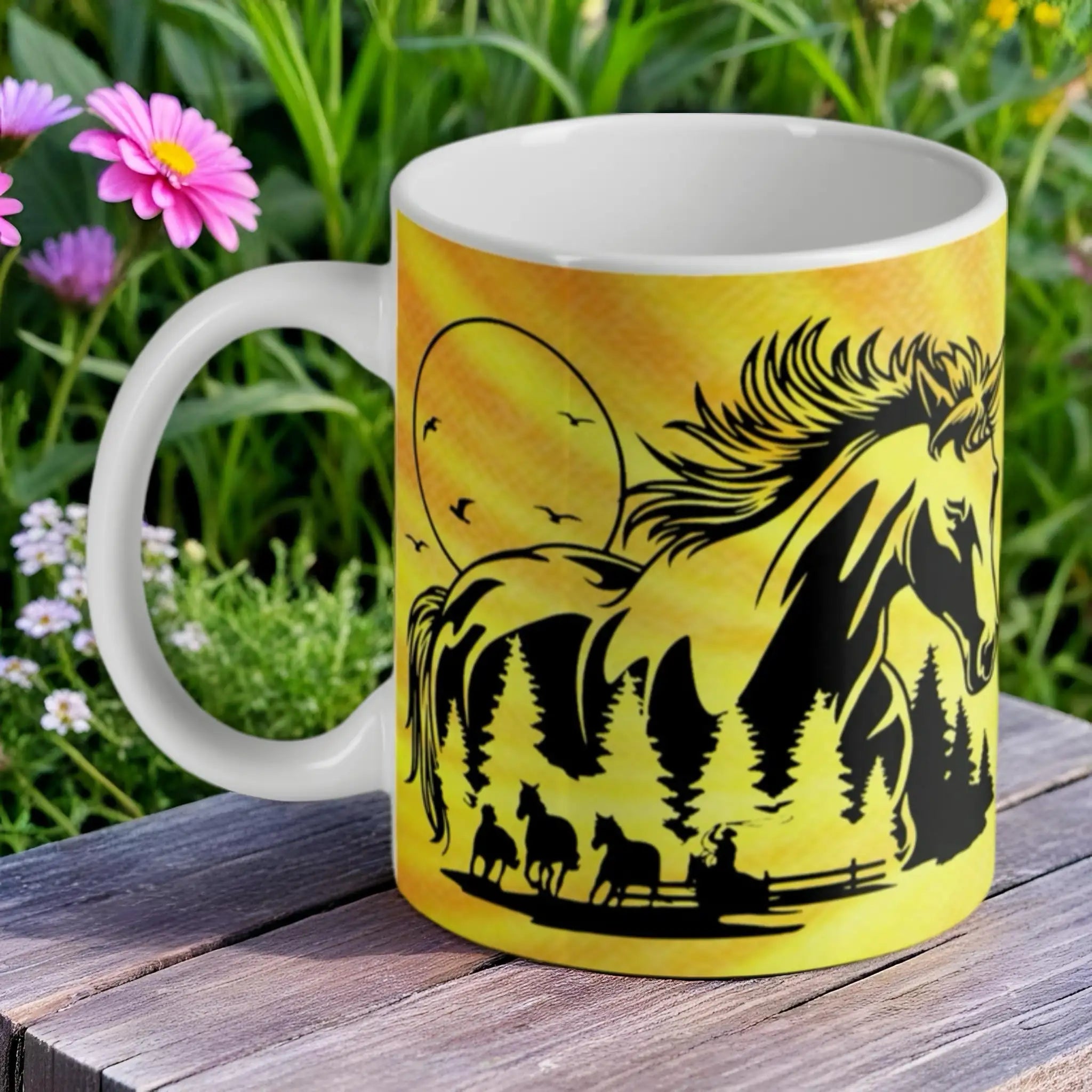 'Golden Sky Horse Ranch' ceramic mug by Laser Design Creations, featuring a layered western silhouette scene.
