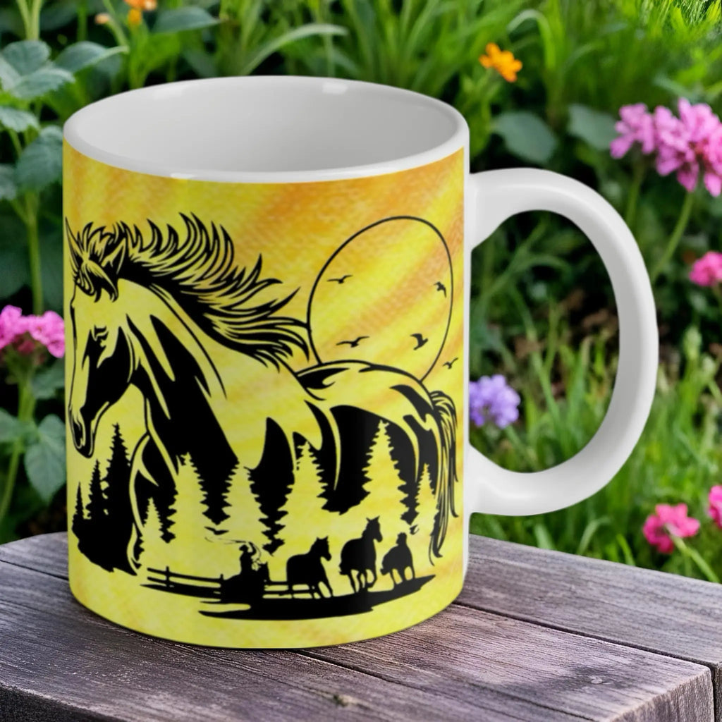 Reverse side of the 'Golden Sky Horse Ranch' ceramic mug, showcasing the wrap-around artwork by Laser Design Creations.