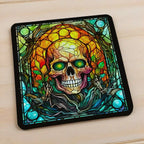 Side view of Gothic Stained Glass Skull style 1 neoprene coasters, showcasing distinct skull mosaic designs in vibrant dark fantasy colours with intricate leaded glass details by Laser Design Creations.