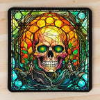 Gothic Stained Glass Skull style 1 neoprene coasters by Laser Design Creations, featuring a unique skull design styled as vibrant, colourful mosaic art pieces on a dark background.