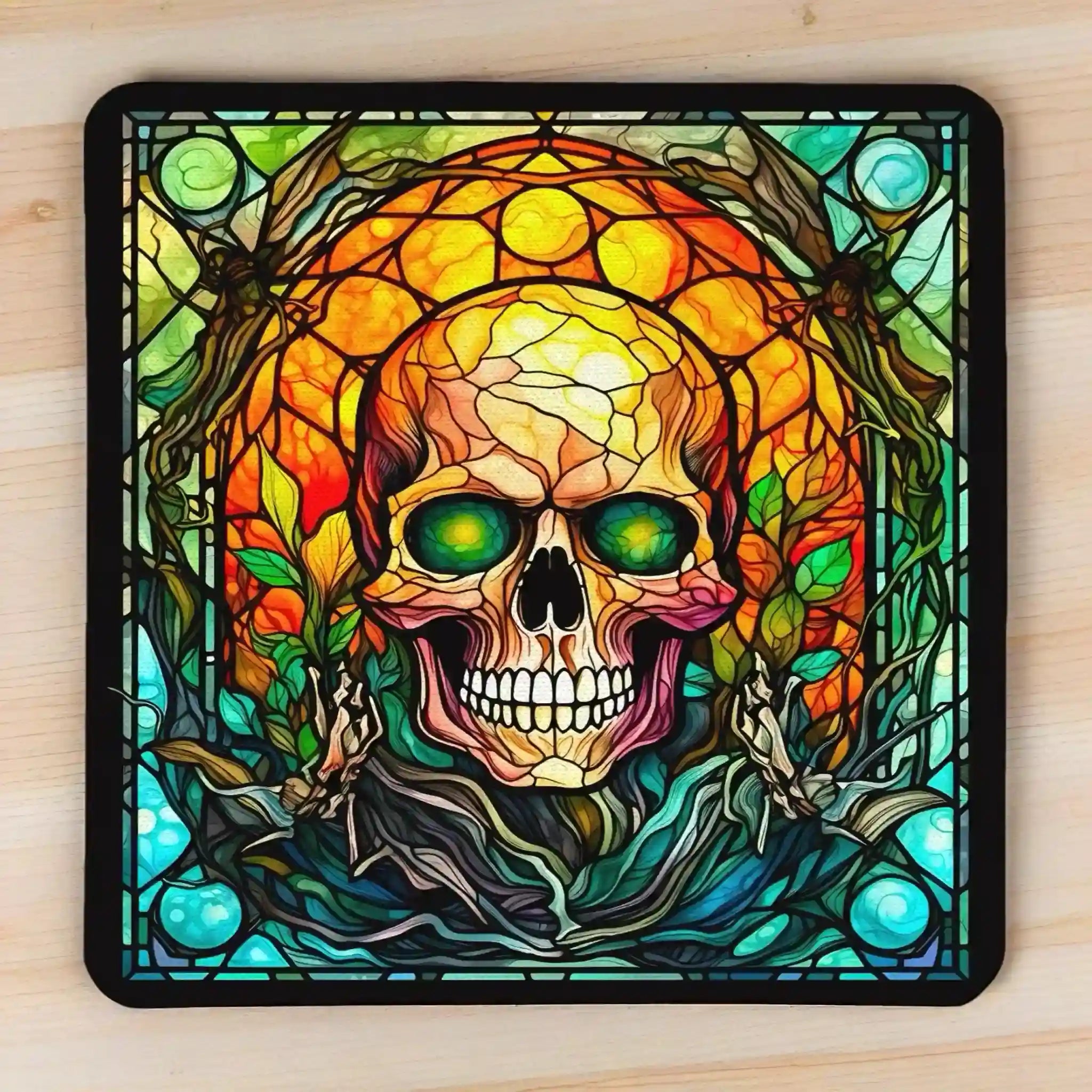 Gothic Stained Glass Skull style 1 neoprene coasters by Laser Design Creations, featuring a unique skull design styled as vibrant, colourful mosaic art pieces on a dark background.