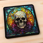 Side view of Gothic Stained Glass Skull style 2 neoprene coasters, showcasing distinct skull mosaic designs in vibrant dark fantasy colours with intricate leaded glass details by Laser Design Creations.