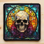 Gothic Stained Glass Skull style 2 neoprene coasters by Laser Design Creations, featuring a unique skull design styled as vibrant, colourful mosaic art pieces on a dark background.