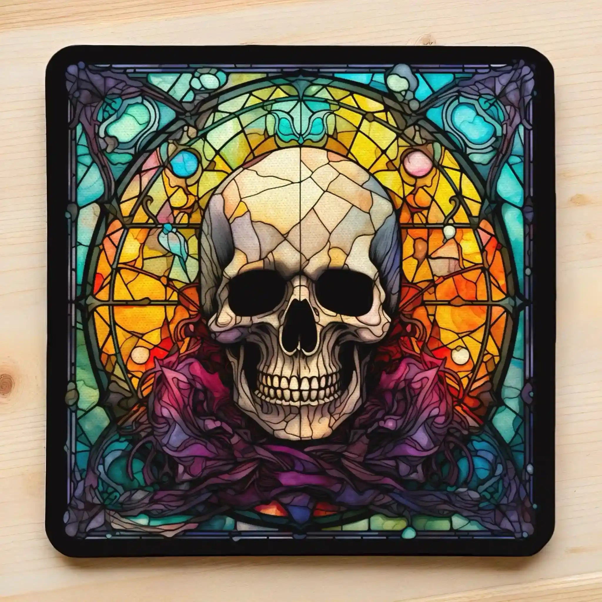 Gothic Stained Glass Skull style 2 neoprene coasters by Laser Design Creations, featuring a unique skull design styled as vibrant, colourful mosaic art pieces on a dark background.