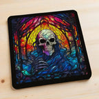 Side view of Gothic Stained Glass Skull style 3 neoprene coasters, showcasing distinct skull mosaic designs in vibrant dark fantasy colours with intricate leaded glass details by Laser Design Creations.