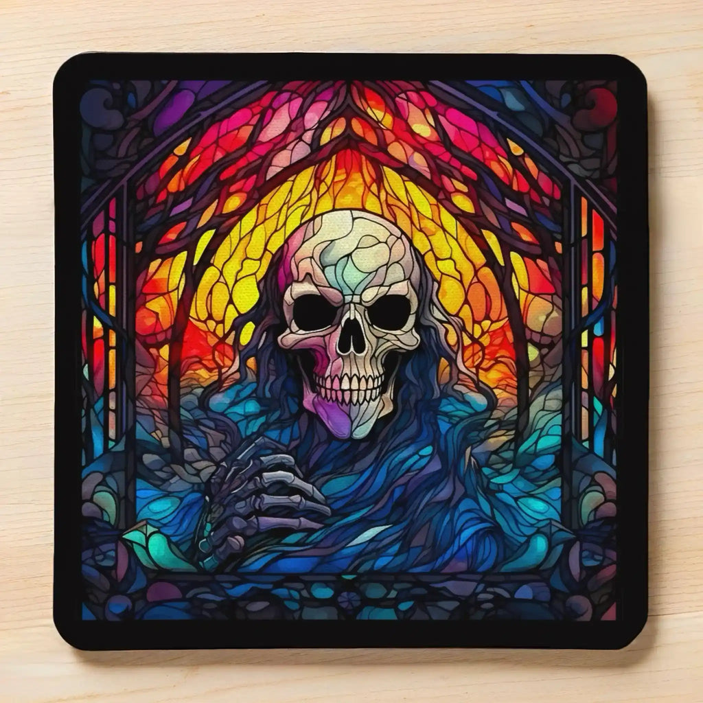 Gothic Stained Glass Skull style 3 neoprene coasters by Laser Design Creations, featuring a unique skull design styled as vibrant, colourful mosaic art pieces on a dark background.