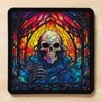 Gothic Stained Glass Skull style 3 neoprene coasters by Laser Design Creations, featuring a unique skull design styled as vibrant, colourful mosaic art pieces on a dark background.