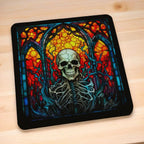 Side view of Gothic Stained Glass Skull style 4 neoprene coasters, showcasing distinct skull mosaic designs in vibrant dark fantasy colours with intricate leaded glass details by Laser Design Creations.