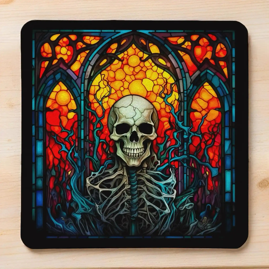 Gothic Stained Glass Skull style 4 neoprene coasters by Laser Design Creations, featuring a unique skull design styled as vibrant, colourful mosaic art pieces on a dark background.