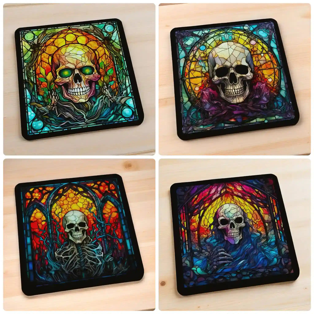 Lifestyle image of the Gothic Stained Glass Skull neoprene coasters, printed by Australian small business Laser Design Creations.