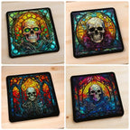 Lifestyle image of the Gothic Stained Glass Skull neoprene coasters, printed by Australian small business Laser Design Creations.