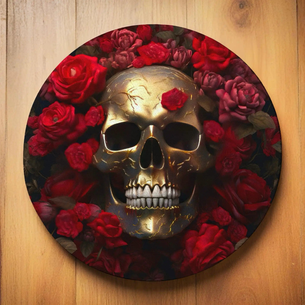 Gothic Skull Red Roses neoprene coasters by Laser Design Creations, featuring artistic skull and rose imagery with a moody aesthetic.