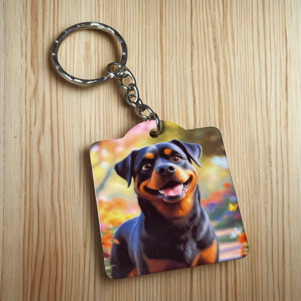 Side view of the Happy Smiling Rottie Autumn Garden keyring, showcasing a cheerful Rottweiler illustration set in a vibrant autumn garden by Laser Design Creations.