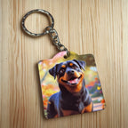 Side view of the Happy Smiling Rottie Autumn Garden keyring, showcasing a cheerful Rottweiler illustration set in a vibrant autumn garden by Laser Design Creations.