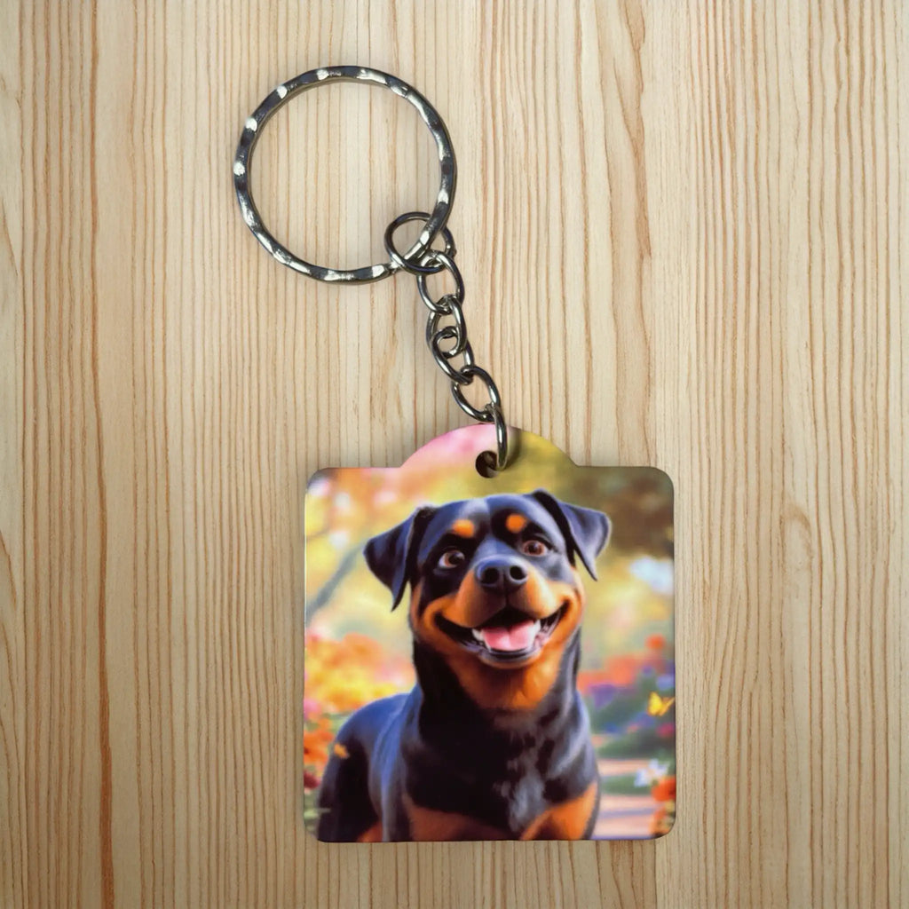 Happy Smiling Rottie Autumn Garden keyring by Laser Design Creations, featuring a realistic, vibrant illustration of a happy Rottie among autumn leaves.