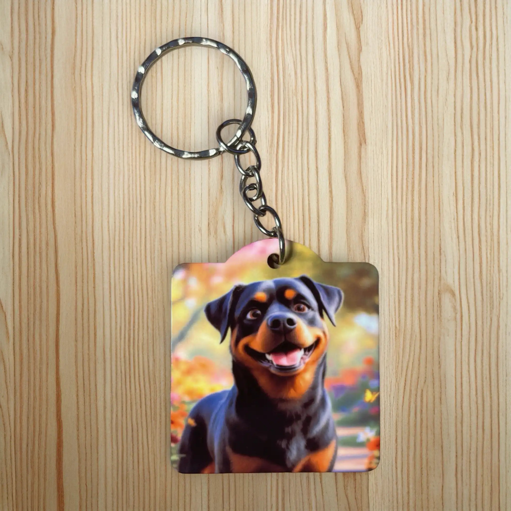 Happy Smiling Rottie Autumn Garden keyring by Laser Design Creations, featuring a realistic, vibrant illustration of a happy Rottie among autumn leaves.
