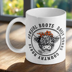 Country Roots Highland Cow ceramic mug by Laser Design Creations, featuring a cheeky cow with a bandana and daisy.