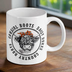 Reverse side of Country Roots Highland Cow ceramic mug, showcasing the wrap-around artwork by Laser Design Creations.