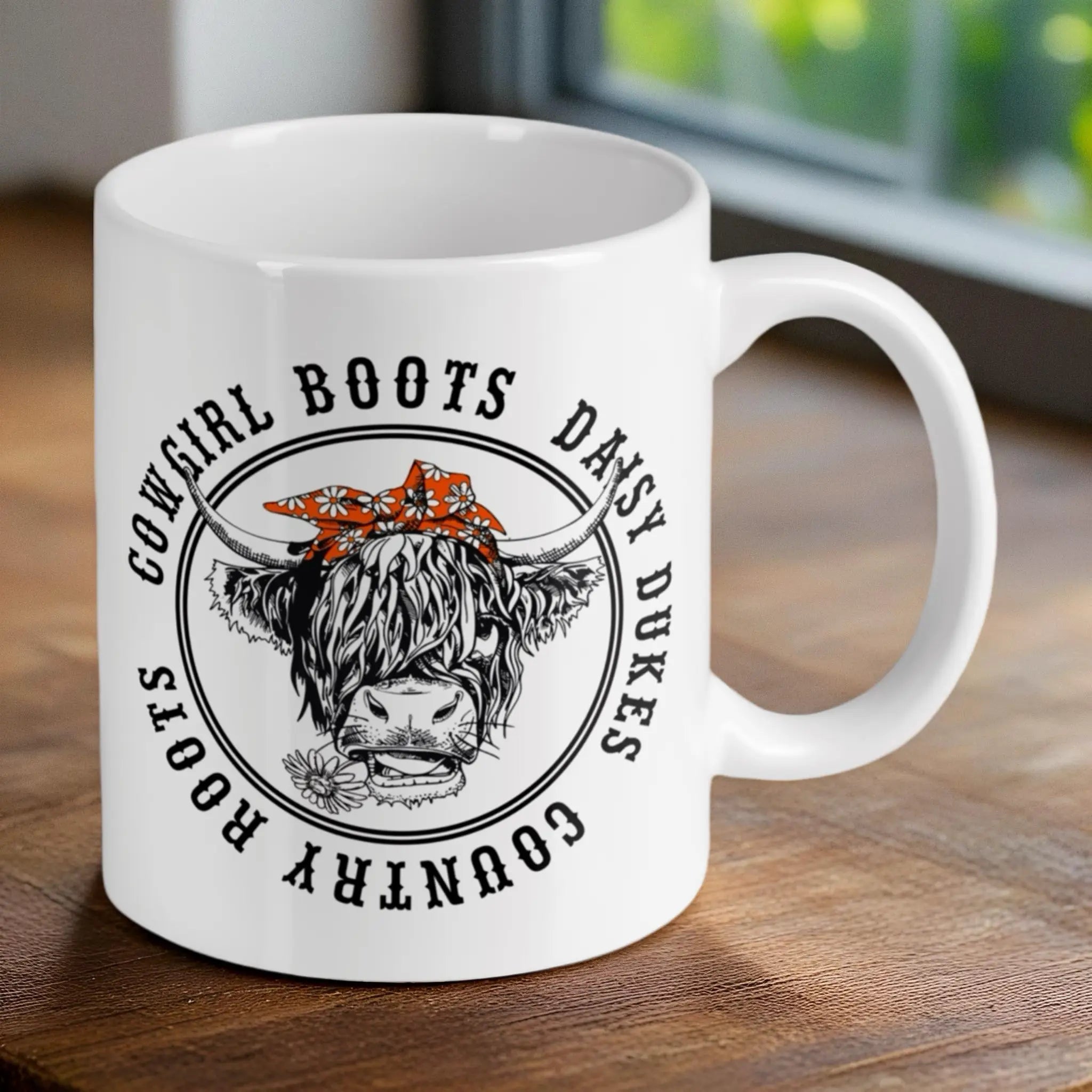 Reverse side of Country Roots Highland Cow ceramic mug, showcasing the wrap-around artwork by Laser Design Creations.