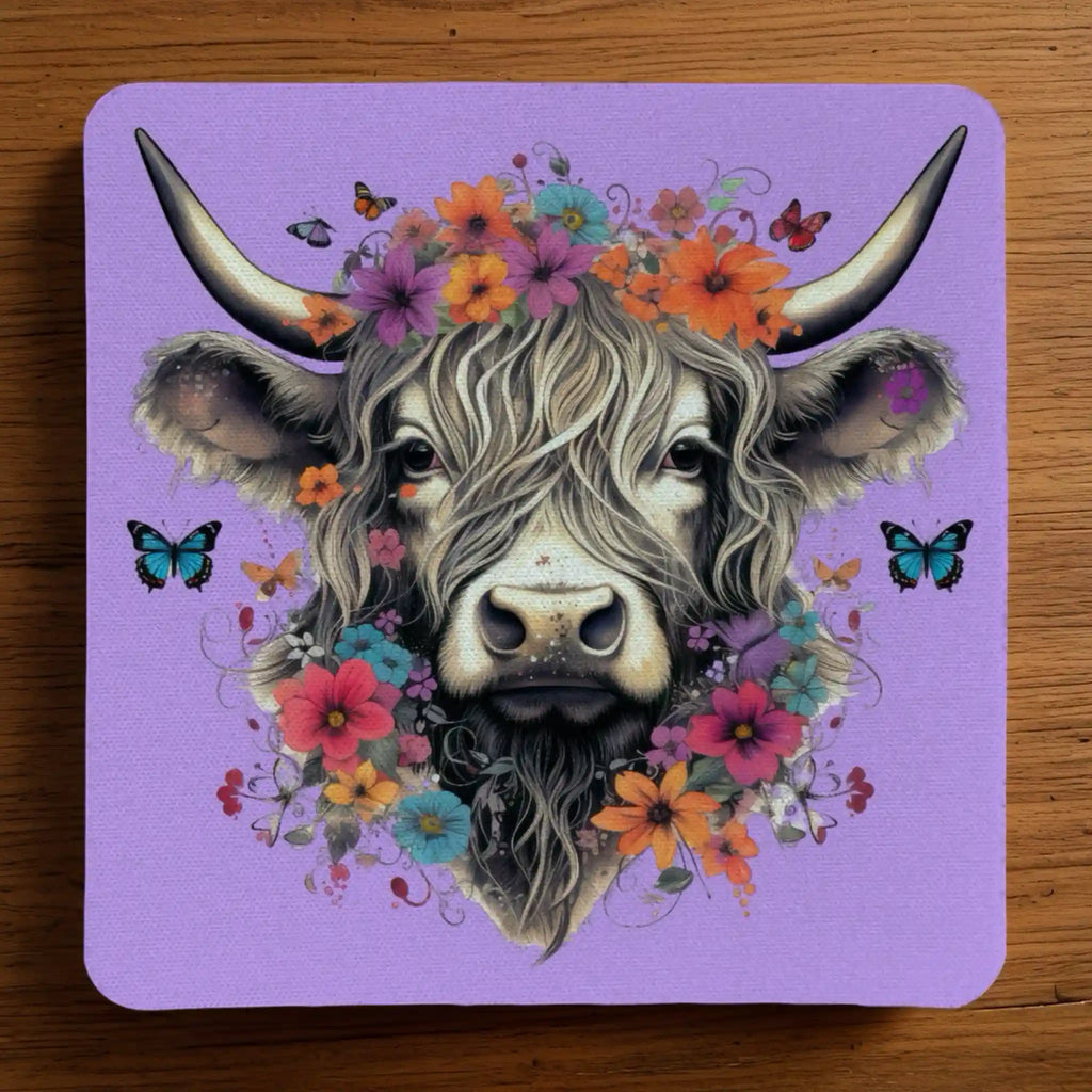 Highland Cow Flower Crown Purple neoprene coasters by Laser Design Creations, featuring a cute highland cow with a vibrant purple floral headpiece.
