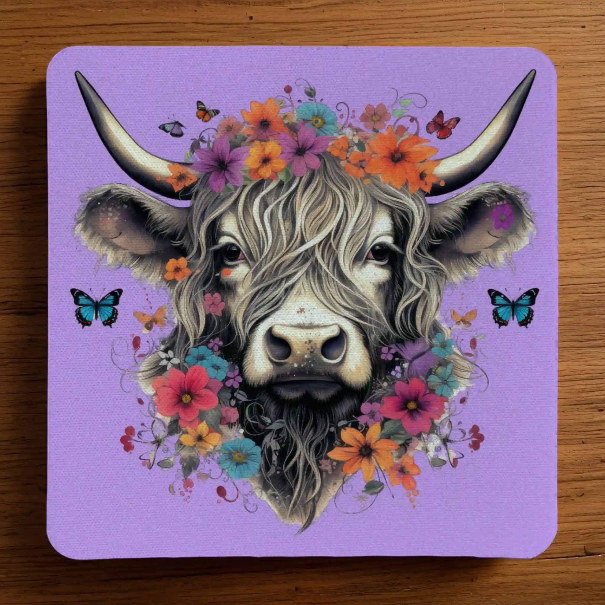 Highland Cow Flower Crown Purple neoprene coasters by Laser Design Creations, featuring a cute highland cow with a vibrant purple floral headpiece.