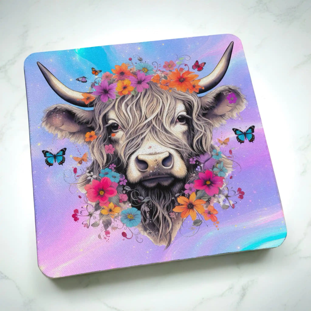 Side view of Floral Highland Cow neoprene coaster with whimsical watercolour cow and flower crown design, by Laser Design Creations.