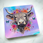 Side view of Floral Highland Cow neoprene coaster with whimsical watercolour cow and flower crown design, by Laser Design Creations.