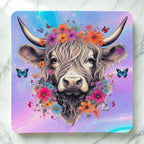 Top view of Floral Highland Cow neoprene coaster with floral Highland cow and butterfly details, by Laser Design Creations.