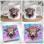Floral Highland Cow mug and coaster combo gift set collage, whimsical watercolour cow adorned with flower crown and butterflies, by Laser Design Creations.