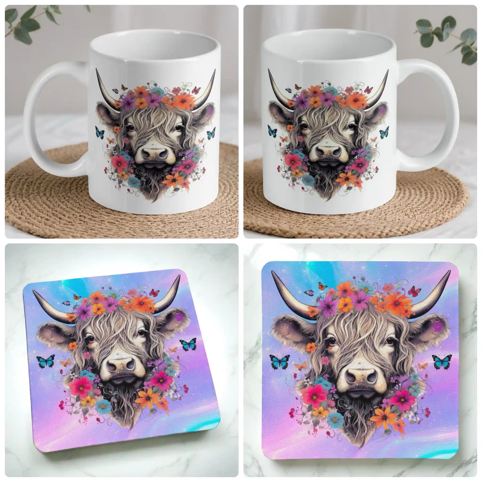 Floral Highland Cow mug and coaster combo gift set collage, whimsical watercolour cow adorned with flower crown and butterflies, by Laser Design Creations.