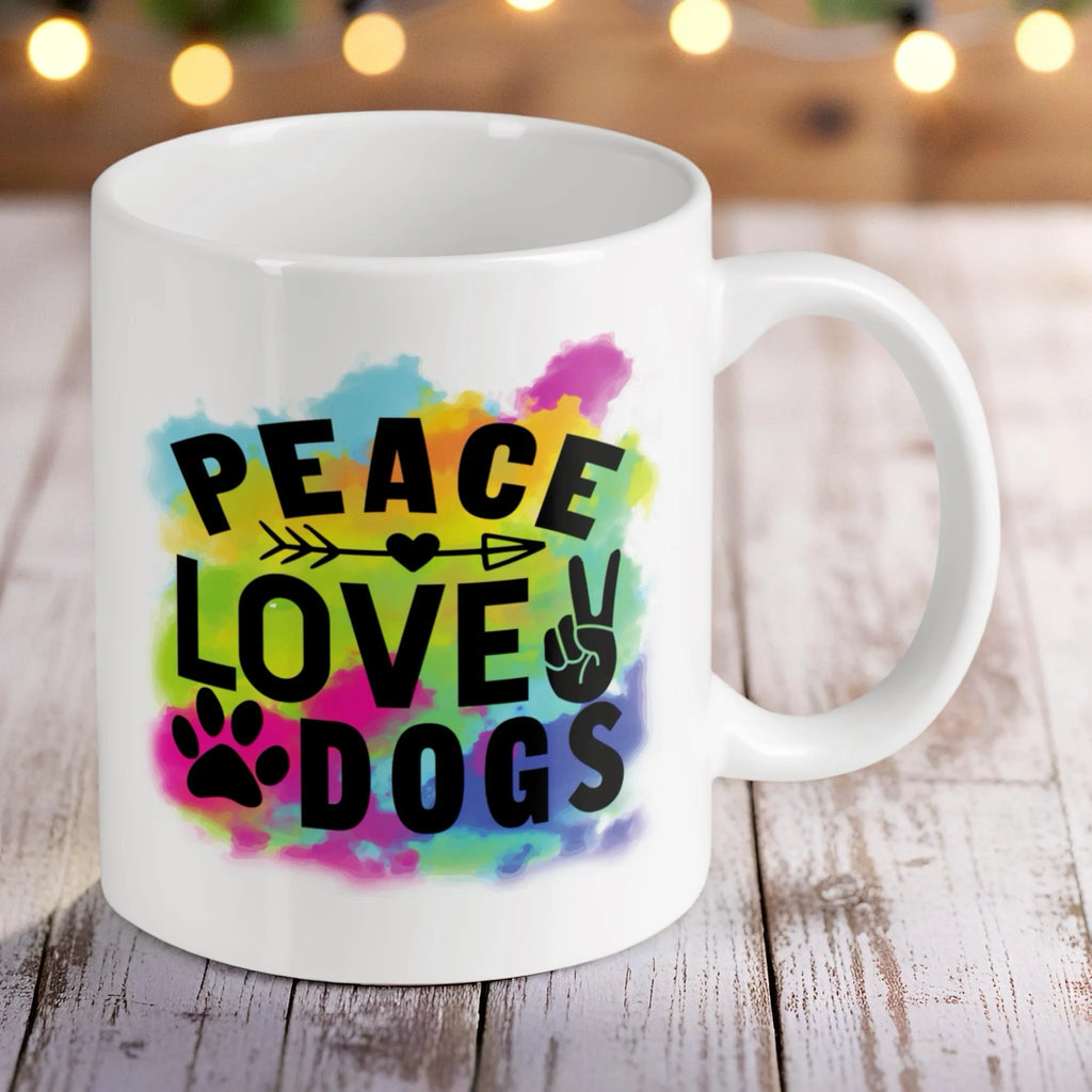 Reverse side of Peace Love Dogs ceramic mug, showcasing the wrap-around artwork by Laser Design Creations.