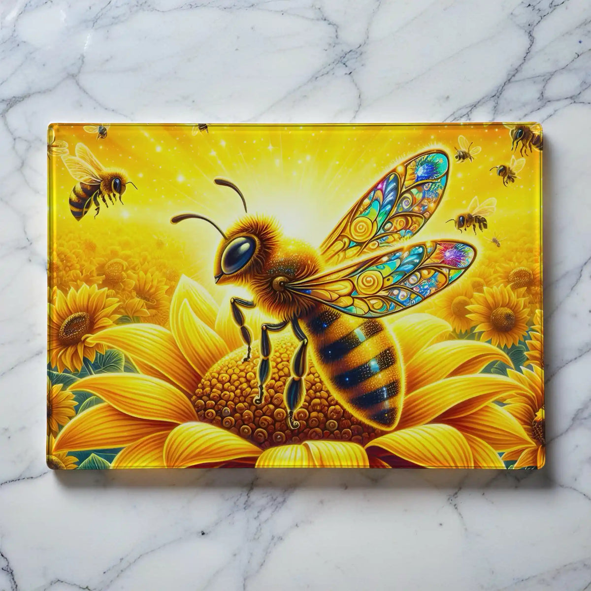 Luminous golden honeybee resting on a vibrant sunflower field mosaic chopping board from Laser Design Creations