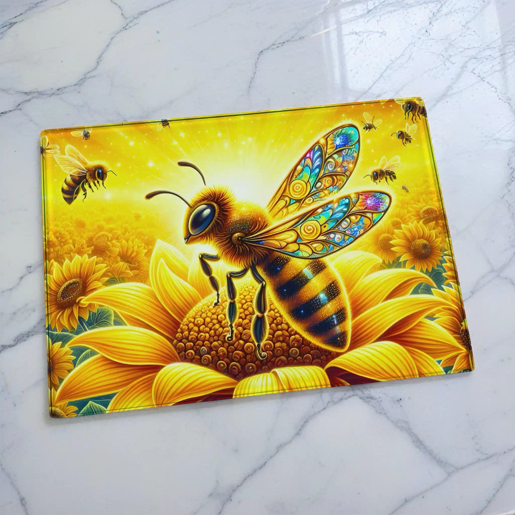 Golden honeybee sunflower mosaic chopping board by Laser Design Creations, featuring a detailed honeybee amidst a radiant field of blooming sunflowers in fantasy art style.