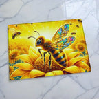 Golden honeybee sunflower mosaic chopping board by Laser Design Creations, featuring a detailed honeybee amidst a radiant field of blooming sunflowers in fantasy art style.